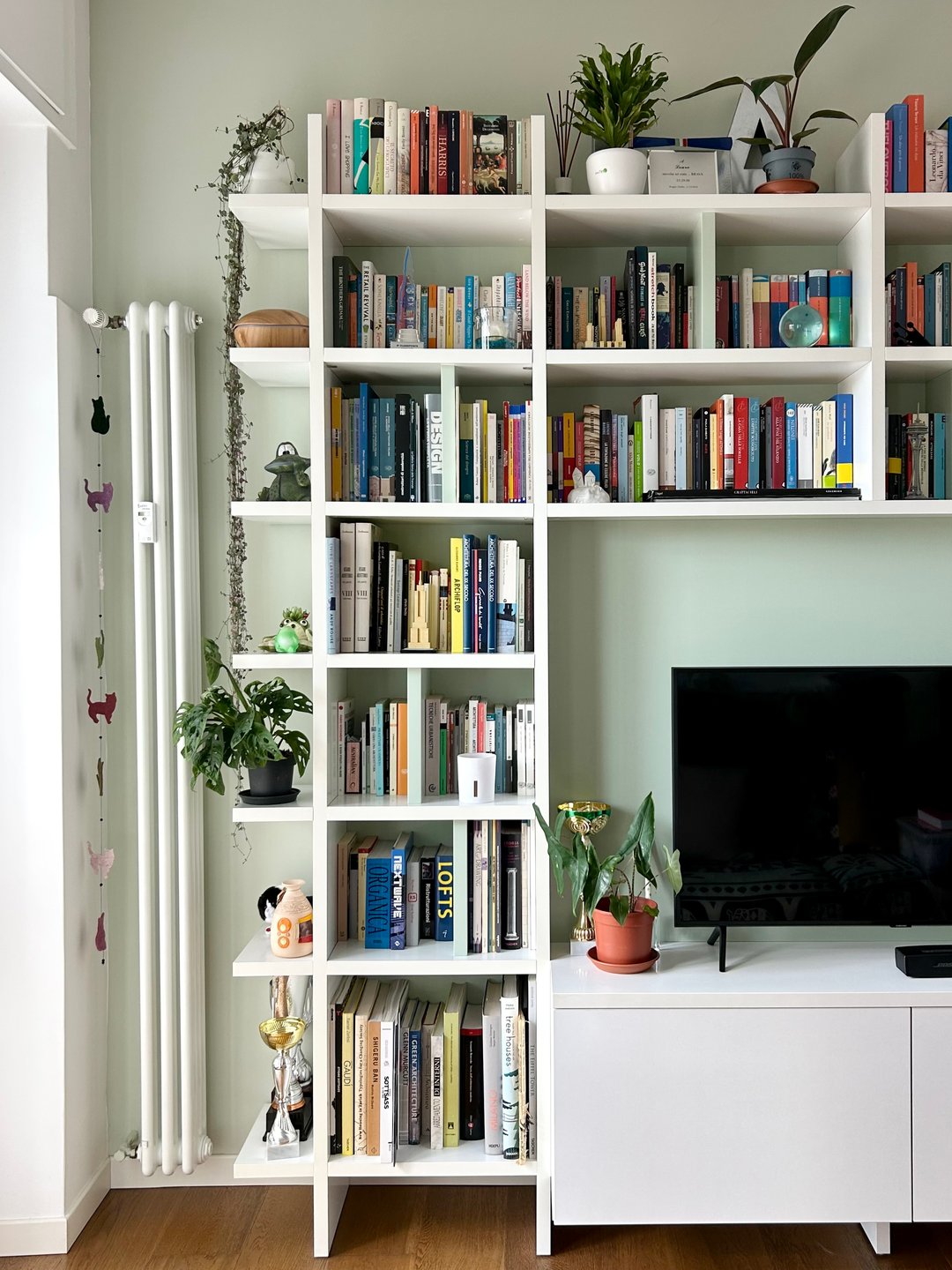 Una libreria bianca piena di libri su una parete verde chiaro, con piante tra i ripiani e una pianta ricadente lungo il fianco